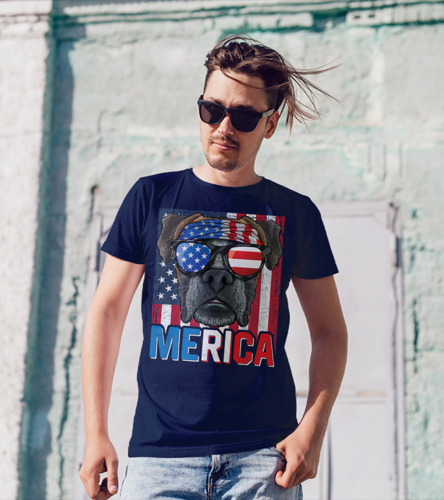 MERICA Boxer Dog In American Flag Glasses For 4th Of July T-Shirt