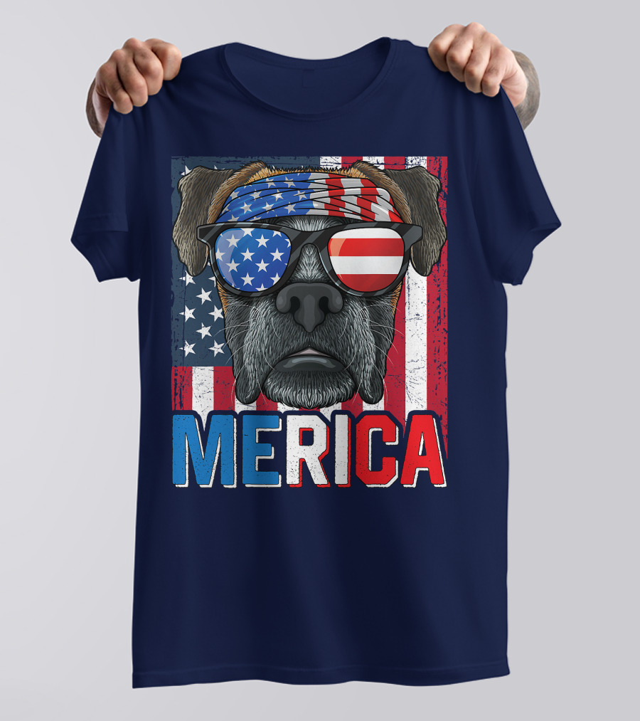 MERICA Boxer Dog In American Flag Glasses For 4th Of July T-Shirt