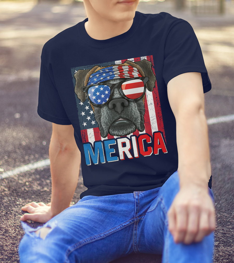MERICA Boxer Dog In American Flag Glasses For 4th Of July T-Shirt