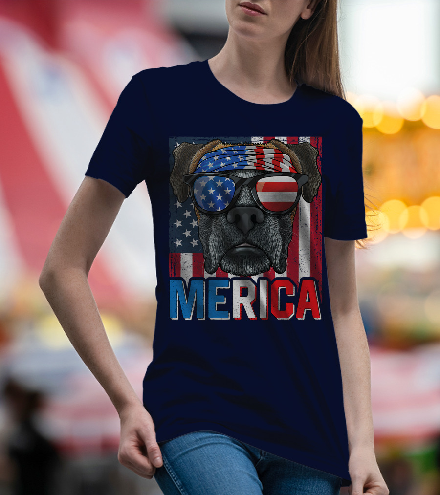 MERICA Boxer Dog In American Flag Glasses For 4th Of July T-Shirt