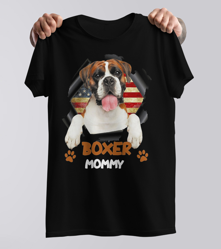 Boxer Mommy Dog With Torn American Flag Background T-Shirt