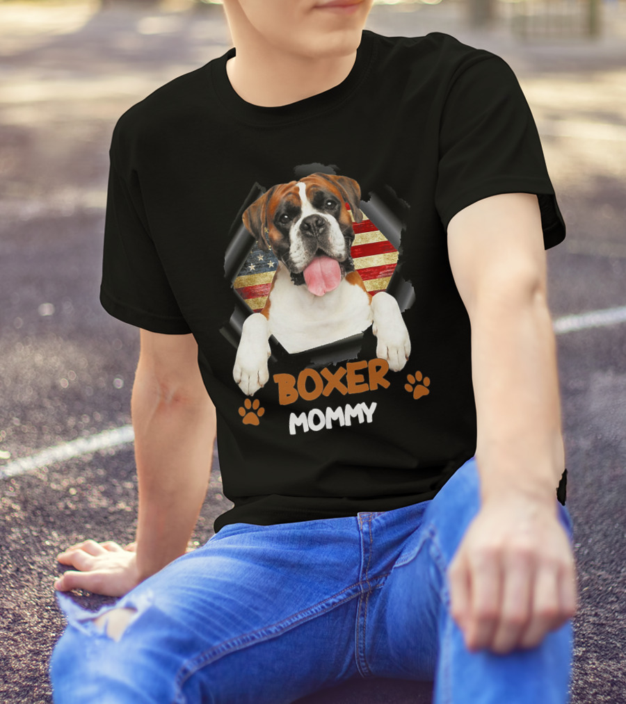 Boxer Mommy Dog With Torn American Flag Background T-Shirt