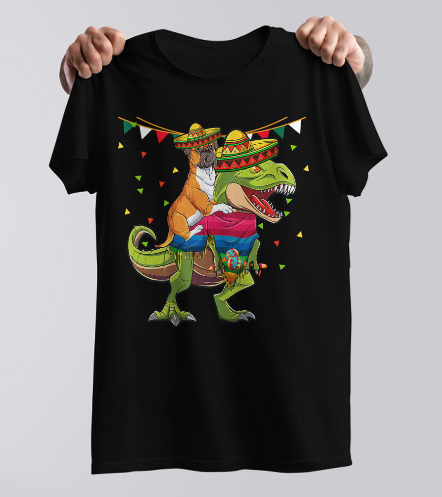 Boxer Dog With Sombrero Riding Dinosaur Rex Fiesta Flag Party T-Shirt