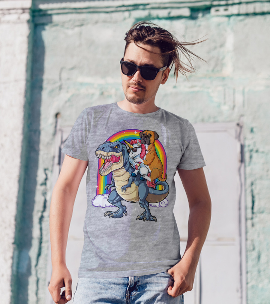 Boxer Riding Dinosaur Unicorn T-Shirt