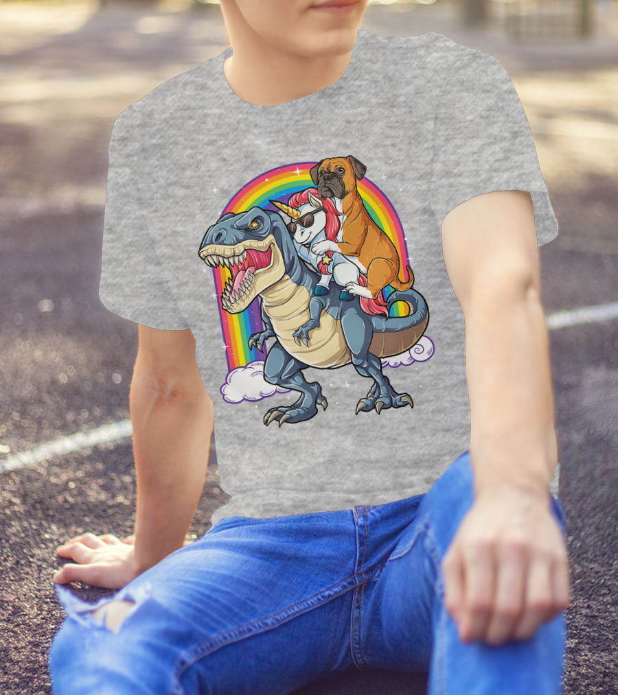 Boxer Riding Dinosaur Unicorn T-Shirt