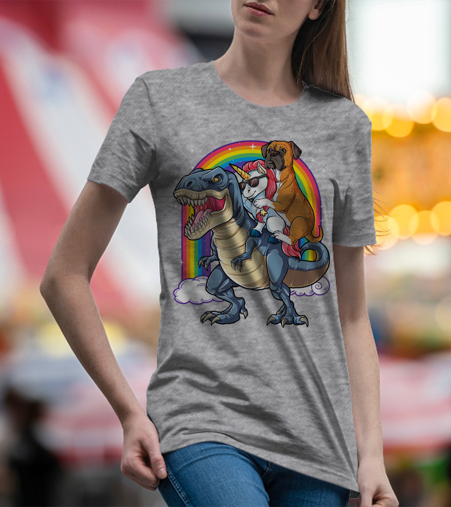 Boxer Riding Dinosaur Unicorn T-Shirt