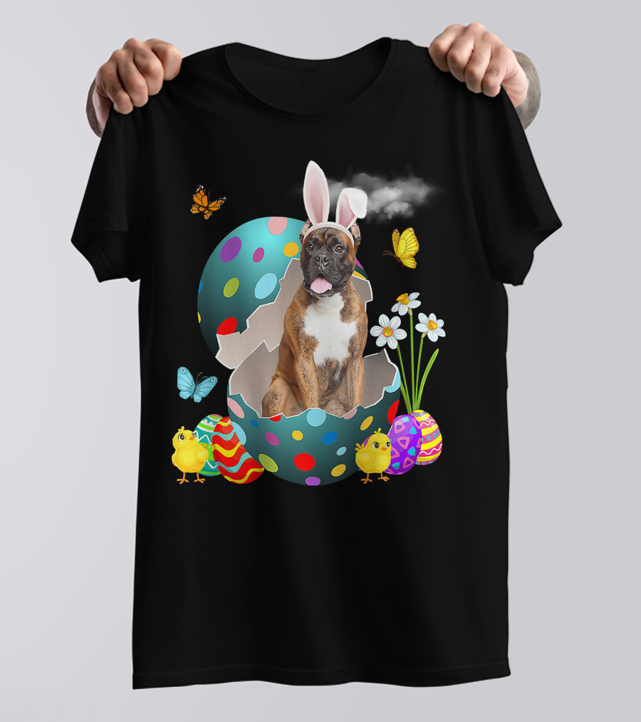 Bunny Boxer Dog With Easter Eggs Chicks Butterflies And Flowers T-Shirt