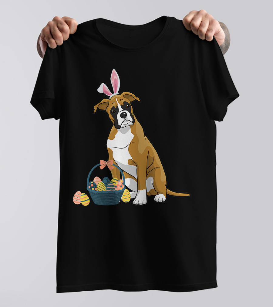 Bunny Ears Boxer Dog Cute Doge Rabbit With Easter Eggs Basket T-Shirt