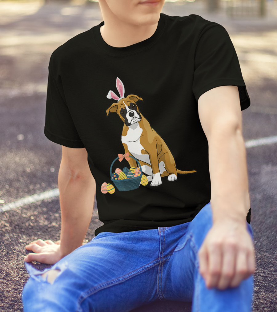 Bunny Ears Boxer Dog Cute Doge Rabbit With Easter Eggs Basket T-Shirt