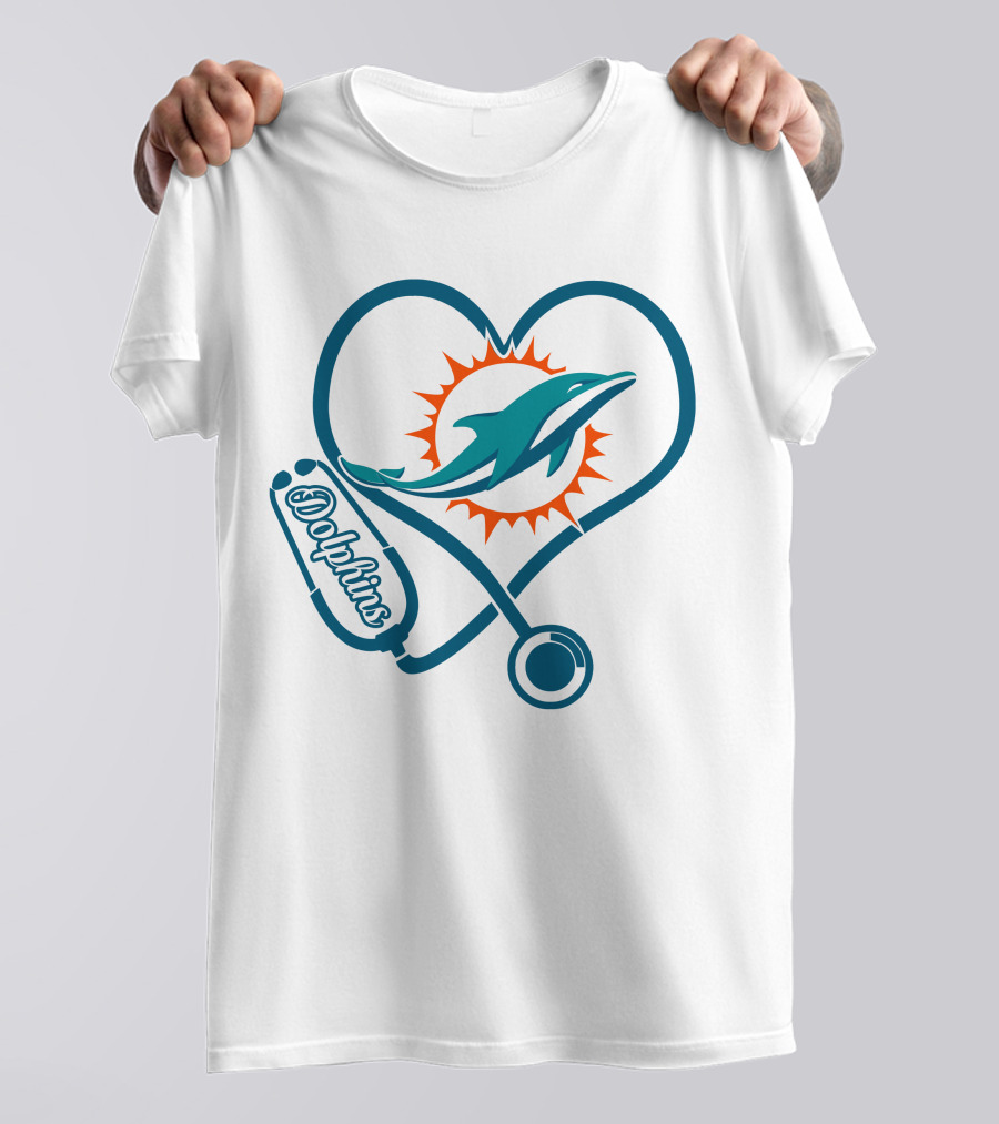 Nurse Heartbeat Miami Dolphins Stethoscope T-Shirt